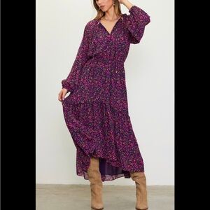 Skies Are Blue Purple Maxi Dress with Bishop Sleeves and Notched Collar